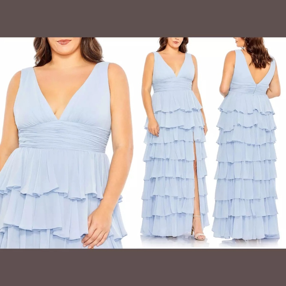 Mac Duggal Blue Tiered Ruffle Sleeveless V-Neck Gown Bridesmaid Mother of Bride